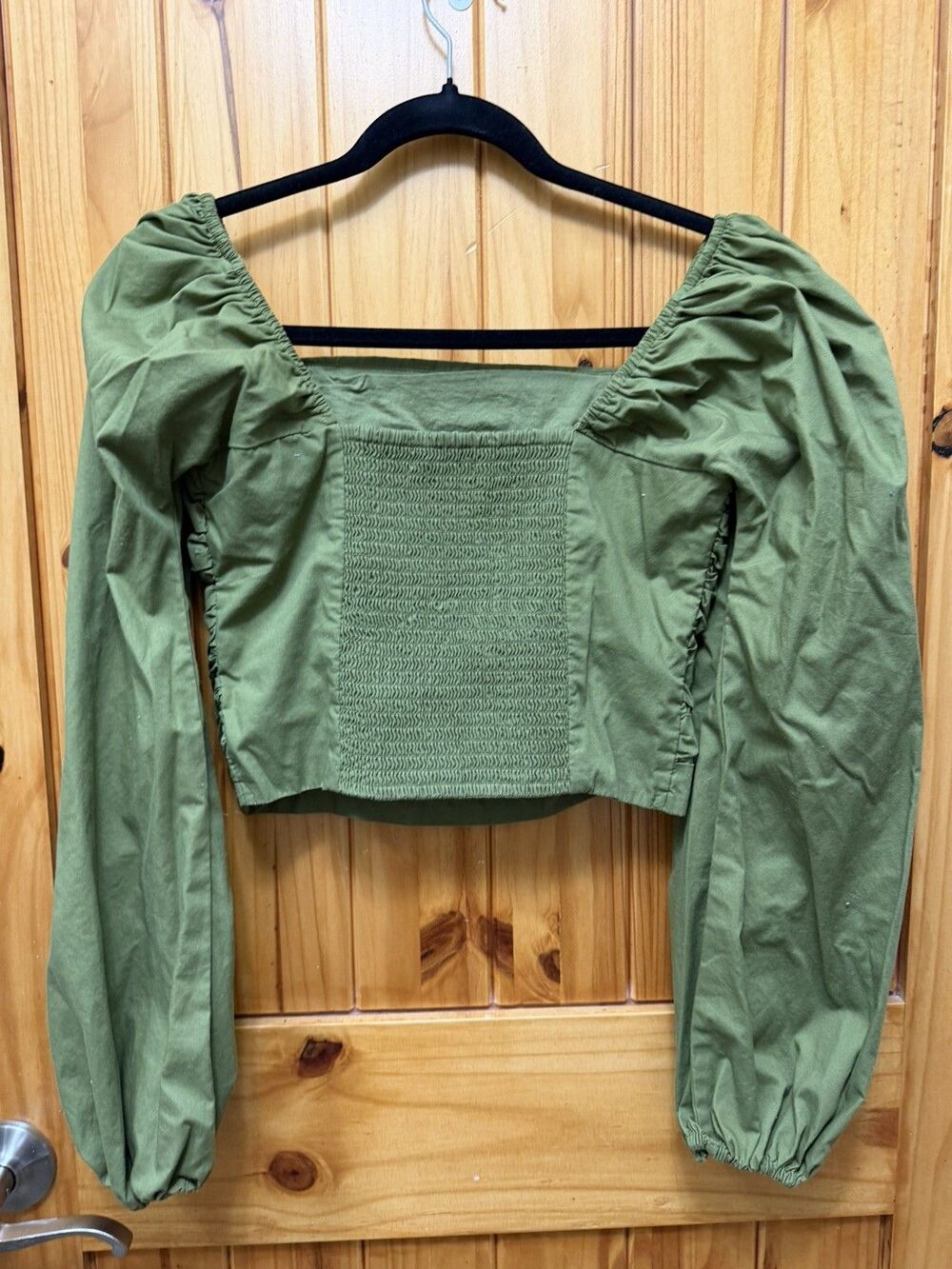 Abercrombie & Fitch Green Puff Sleeve Ruched Blouse Y2K Smocked Milkmaid Top S - Picture 2 of 7